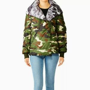 BACON Camo Big Blanket Puffer Coat M Womens Hooded Asymmetrical Wrap Overs